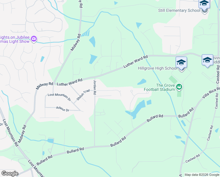 map of restaurants, bars, coffee shops, grocery stores, and more near 4338 Shiloh Trail in Powder Springs