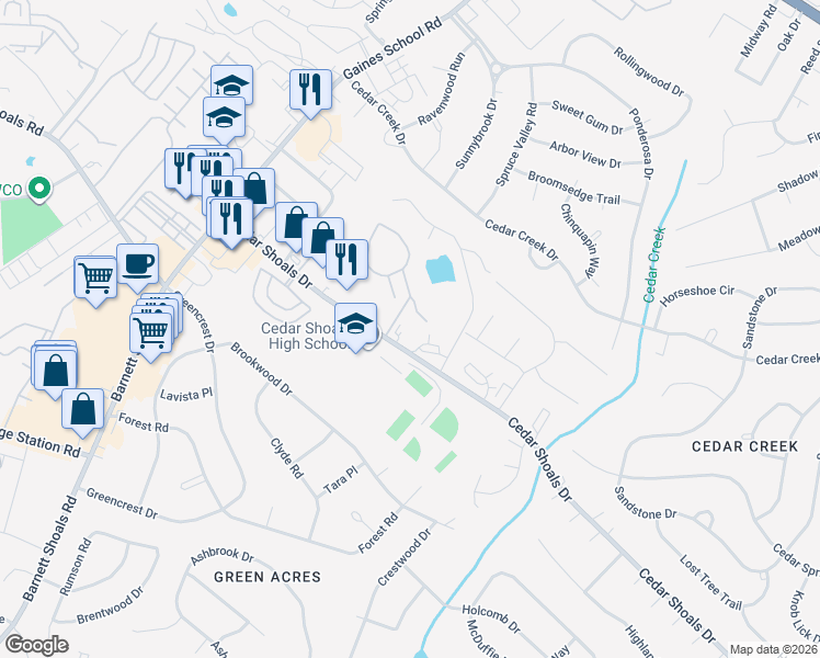 map of restaurants, bars, coffee shops, grocery stores, and more near 1291 Cedar Shoals Drive in Athens