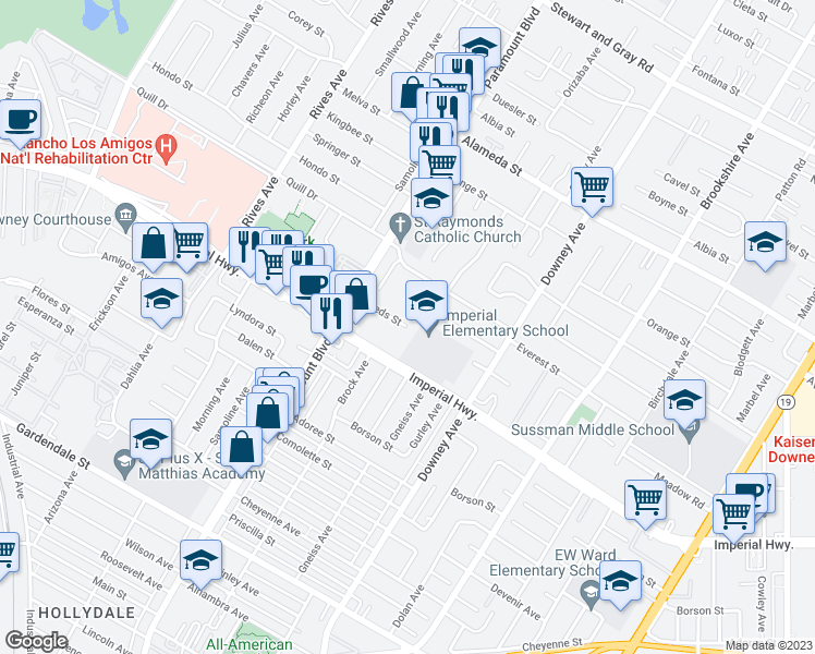 map of restaurants, bars, coffee shops, grocery stores, and more near 8118 Leeds St in Downey