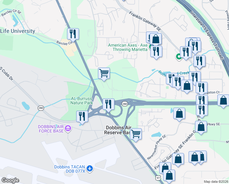 map of restaurants, bars, coffee shops, grocery stores, and more near 170 Ashborough Road Southeast in Marietta