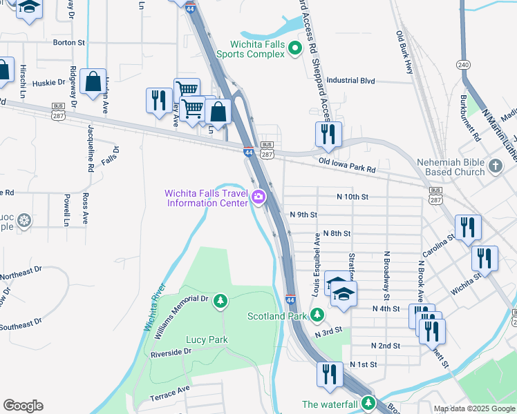 map of restaurants, bars, coffee shops, grocery stores, and more near 900 Central East Freeway in Wichita Falls