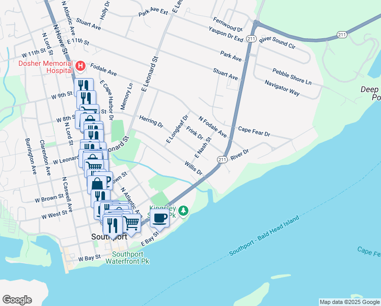 map of restaurants, bars, coffee shops, grocery stores, and more near 205 Herring Drive in Southport