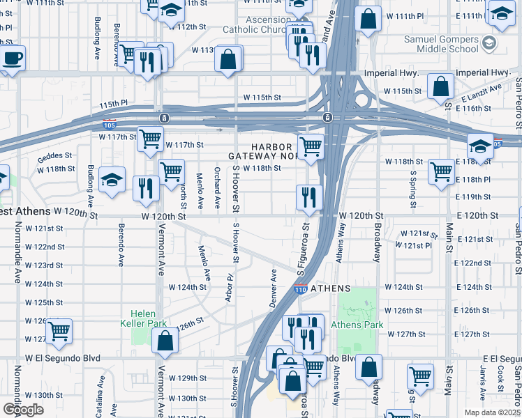 map of restaurants, bars, coffee shops, grocery stores, and more near 615 West 120th Street in Los Angeles