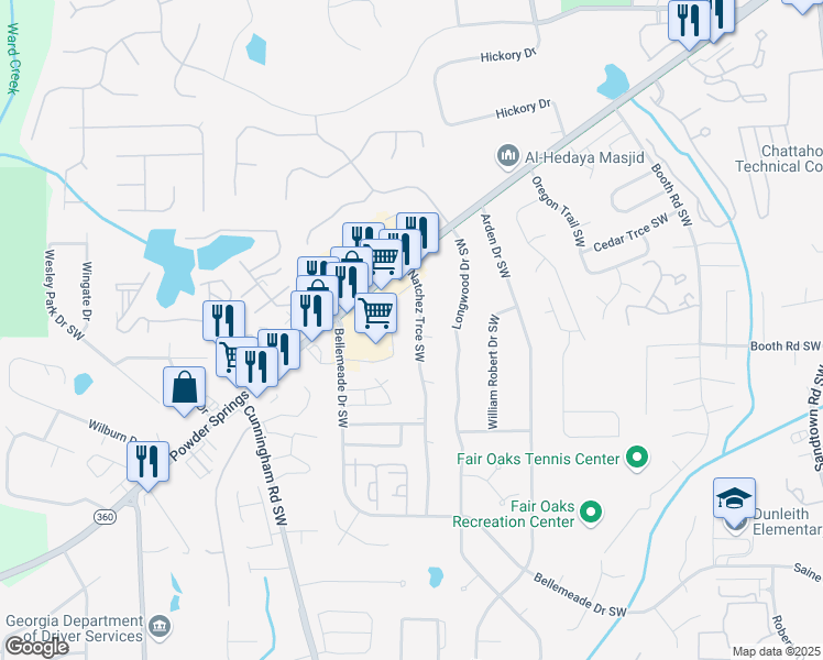 map of restaurants, bars, coffee shops, grocery stores, and more near 1228 Natchez Trce Southwest in Marietta