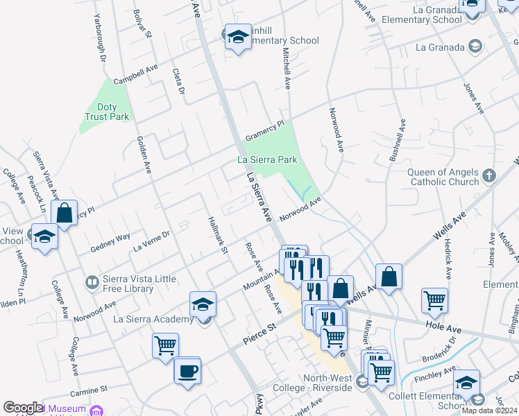 map of restaurants, bars, coffee shops, grocery stores, and more near 5142 La Sierra Avenue in Riverside