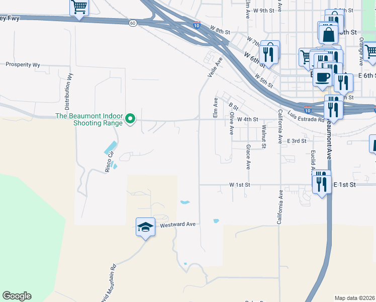 map of restaurants, bars, coffee shops, grocery stores, and more near 249 Veile Avenue in Beaumont