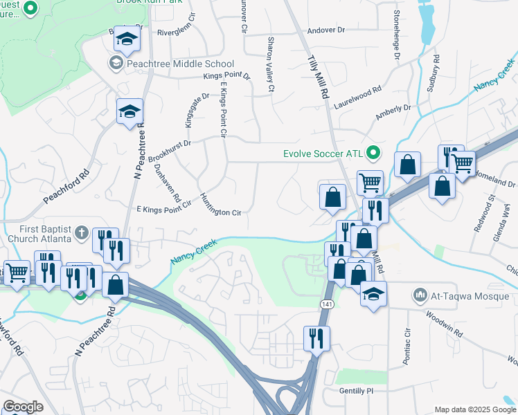 map of restaurants, bars, coffee shops, grocery stores, and more near 4320 Huntington Circle in Dunwoody