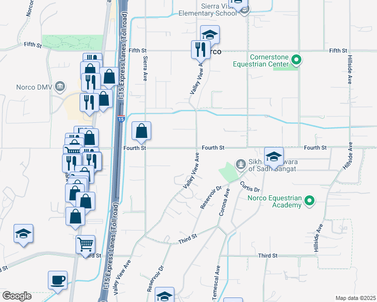 map of restaurants, bars, coffee shops, grocery stores, and more near 1330 4th Street in Norco