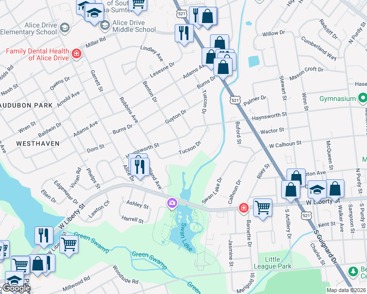 map of restaurants, bars, coffee shops, grocery stores, and more near 30 Tucson Drive in Sumter