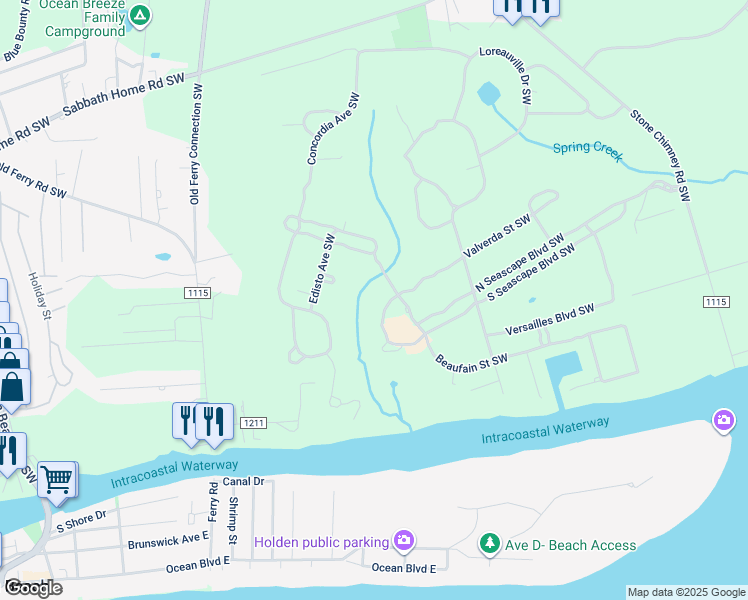 map of restaurants, bars, coffee shops, grocery stores, and more near 733 Legare Lane Southwest in Brunswick County