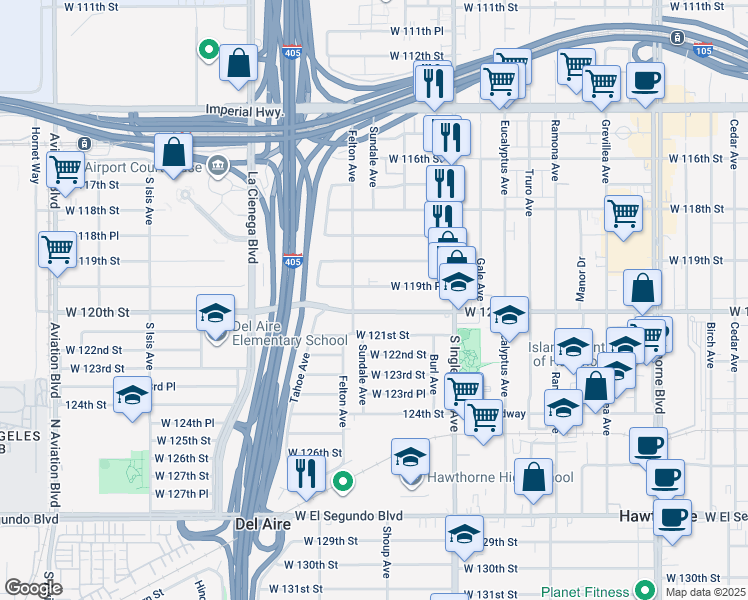 map of restaurants, bars, coffee shops, grocery stores, and more near 4935 West 120th Street in Hawthorne