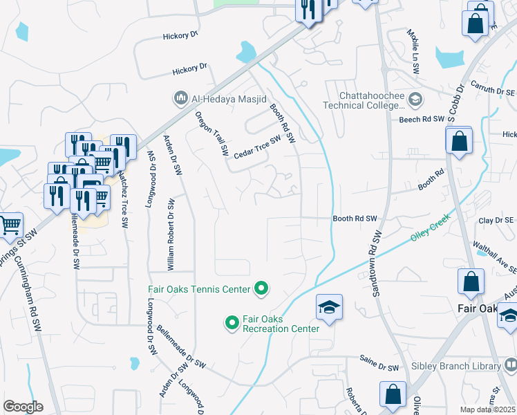 map of restaurants, bars, coffee shops, grocery stores, and more near 1166 Booth Road Southwest in Marietta