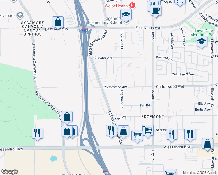 map of restaurants, bars, coffee shops, grocery stores, and more near 21629 Cottonwood Avenue in Moreno Valley