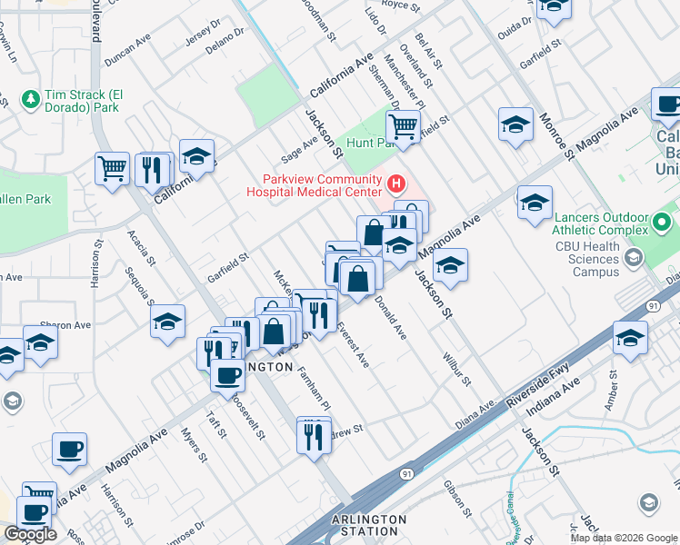 map of restaurants, bars, coffee shops, grocery stores, and more near 3855 Stotts Street in Riverside