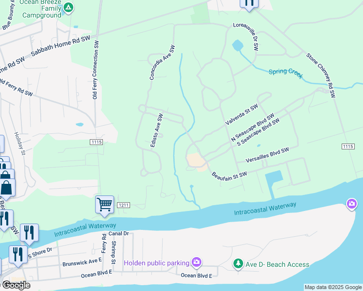 map of restaurants, bars, coffee shops, grocery stores, and more near 733 Legare Lane Southwest in Brunswick County
