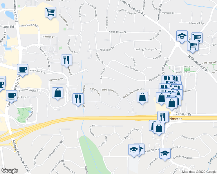 map of restaurants, bars, coffee shops, grocery stores, and more near 1574 Bishop Hollow Run in Atlanta