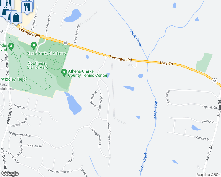 map of restaurants, bars, coffee shops, grocery stores, and more near 251 Timber Creek Drive in Athens