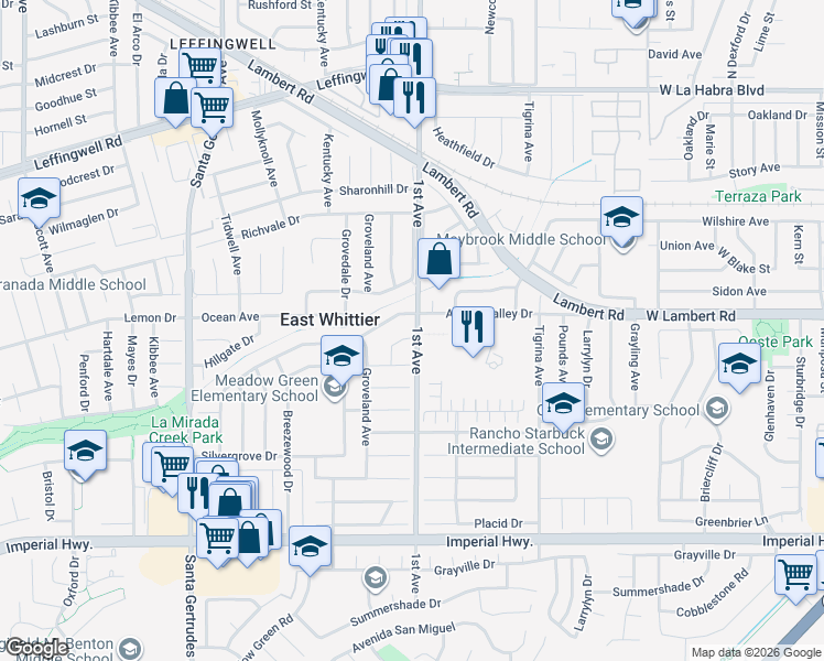 map of restaurants, bars, coffee shops, grocery stores, and more near 11903 Groveside Avenue in Whittier