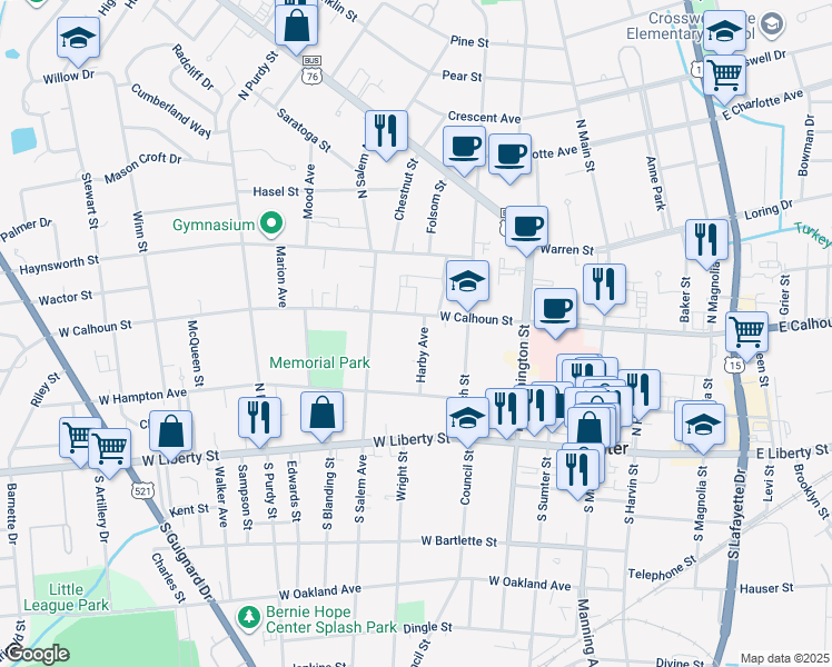 map of restaurants, bars, coffee shops, grocery stores, and more near 30 Harby Avenue in Sumter