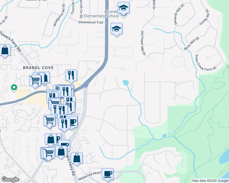 map of restaurants, bars, coffee shops, grocery stores, and more near 3198 Lakeridge Drive Southeast in Marietta