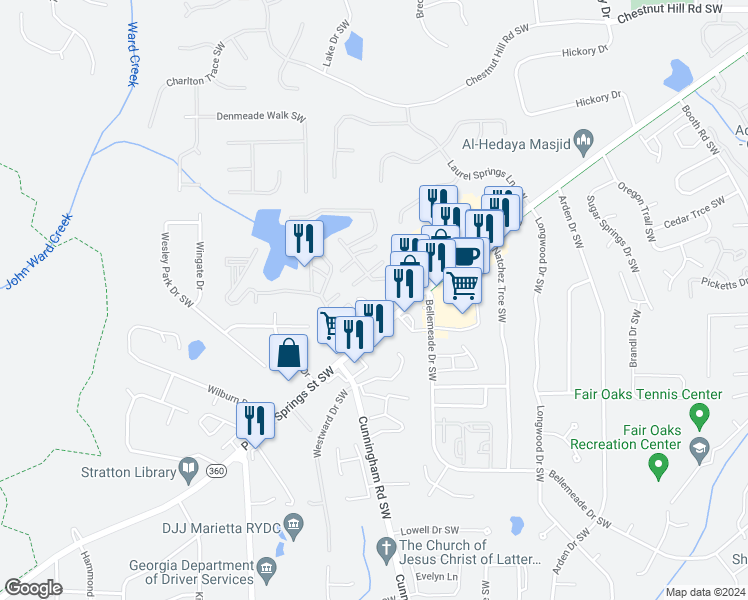 map of restaurants, bars, coffee shops, grocery stores, and more near 868 Baltimore Place Southwest in Marietta