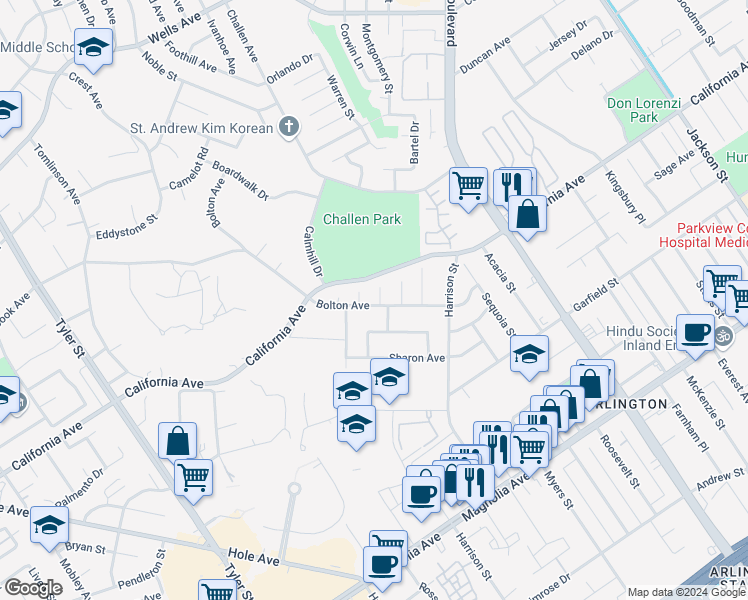 map of restaurants, bars, coffee shops, grocery stores, and more near 4206 Cirrus Way in Riverside