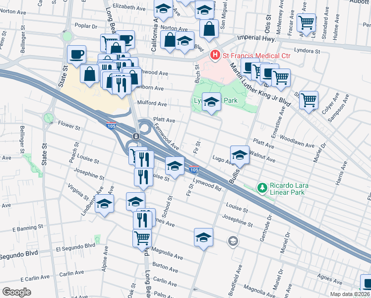 map of restaurants, bars, coffee shops, grocery stores, and more near 3613 Fernwood Avenue in Lynwood