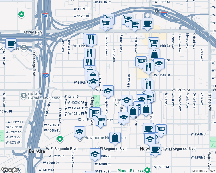 map of restaurants, bars, coffee shops, grocery stores, and more near 11982 Eucalyptus Avenue in Hawthorne