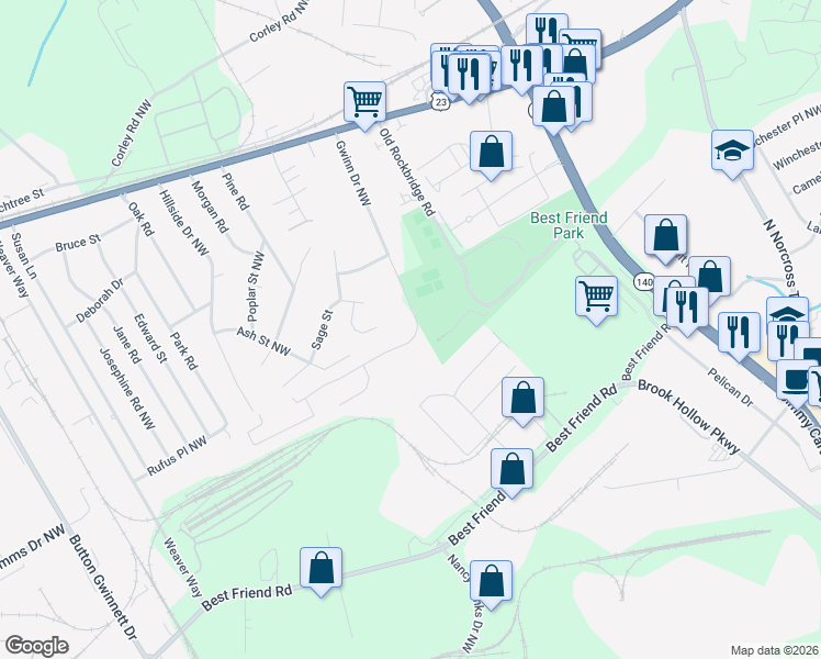 map of restaurants, bars, coffee shops, grocery stores, and more near 2354 Gwinn Drive Northwest in Norcross