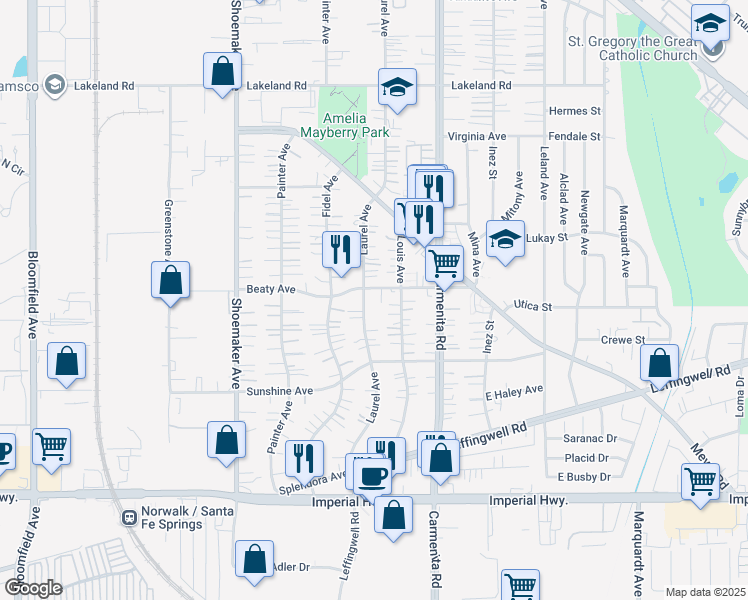 map of restaurants, bars, coffee shops, grocery stores, and more near 11808 Laurel Avenue in Whittier