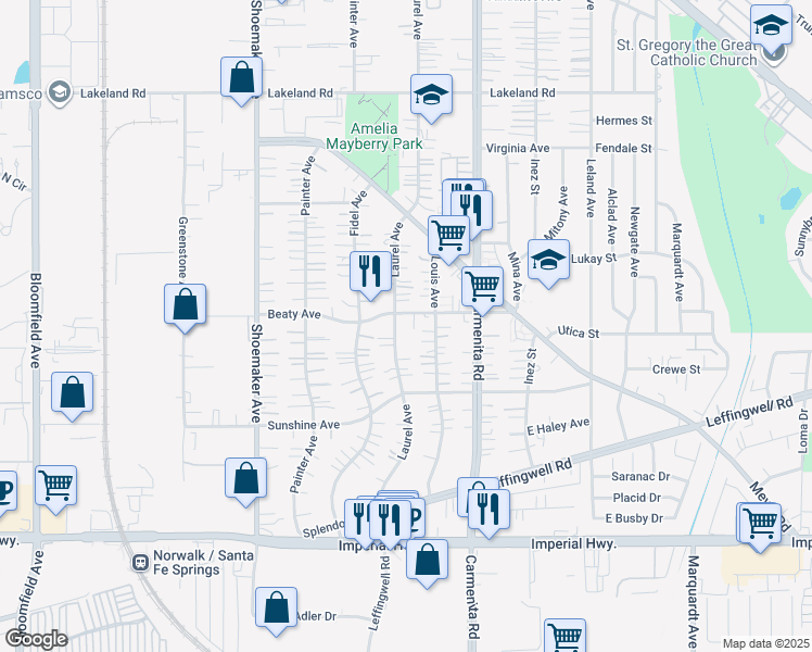 map of restaurants, bars, coffee shops, grocery stores, and more near 11808 Laurel Avenue in Whittier