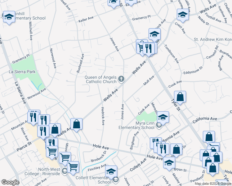 map of restaurants, bars, coffee shops, grocery stores, and more near 10480 Wells Avenue in Riverside