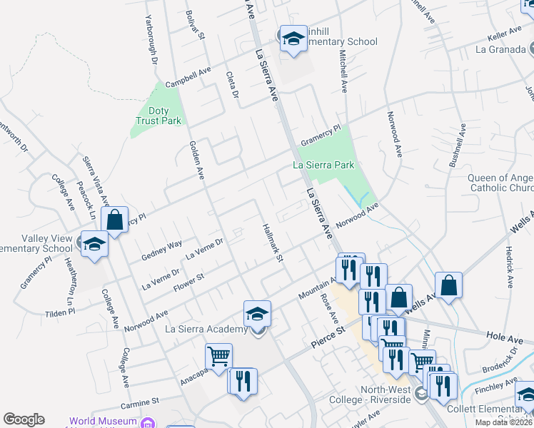 map of restaurants, bars, coffee shops, grocery stores, and more near 5185 Hallmark Street in Riverside