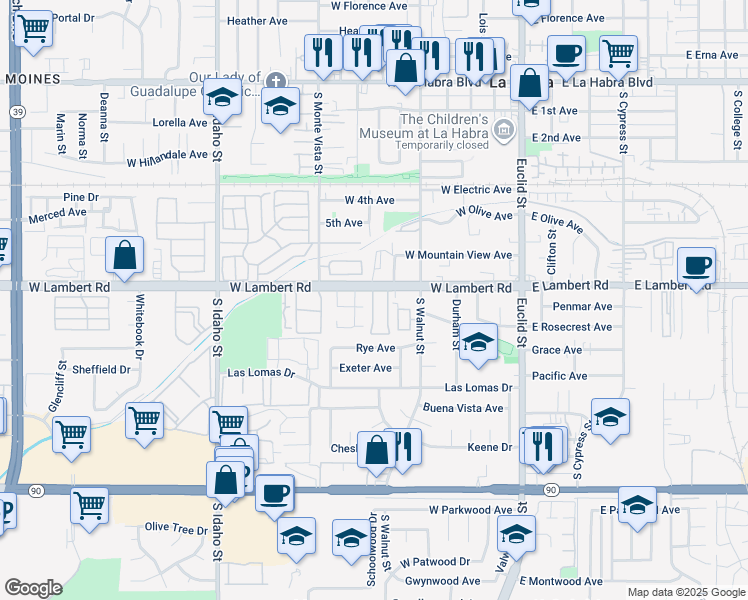 map of restaurants, bars, coffee shops, grocery stores, and more near 640 West Lambert Road in La Habra