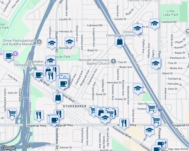 map of restaurants, bars, coffee shops, grocery stores, and more near 11857 Graystone Avenue in Norwalk