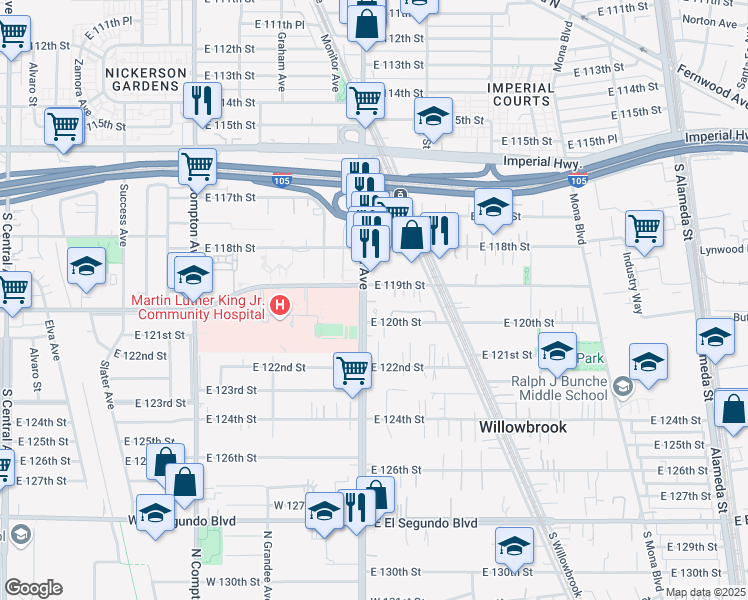map of restaurants, bars, coffee shops, grocery stores, and more near in Willowbrook