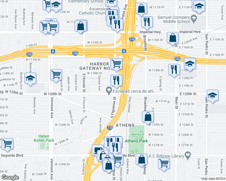 map of restaurants, bars, coffee shops, grocery stores, and more near 11922 South Figueroa Street in Los Angeles