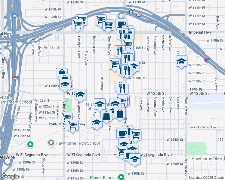 map of restaurants, bars, coffee shops, grocery stores, and more near 4467 West 120th Street in Hawthorne