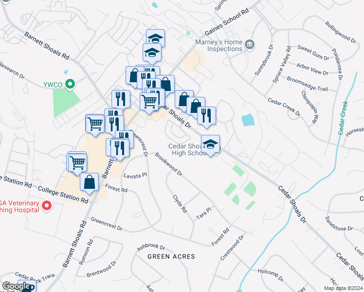 map of restaurants, bars, coffee shops, grocery stores, and more near 196 Scandia Circle in Athens