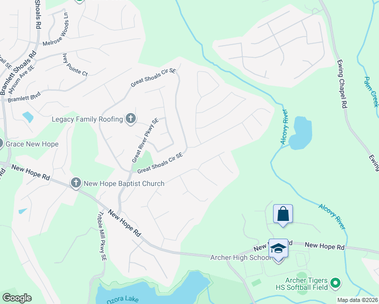map of restaurants, bars, coffee shops, grocery stores, and more near 1411 Great Shoals Drive Southeast in Lawrenceville
