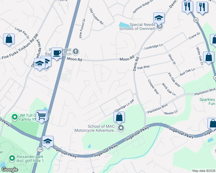 map of restaurants, bars, coffee shops, grocery stores, and more near 805 Chatham Park Drive Southwest in Lawrenceville