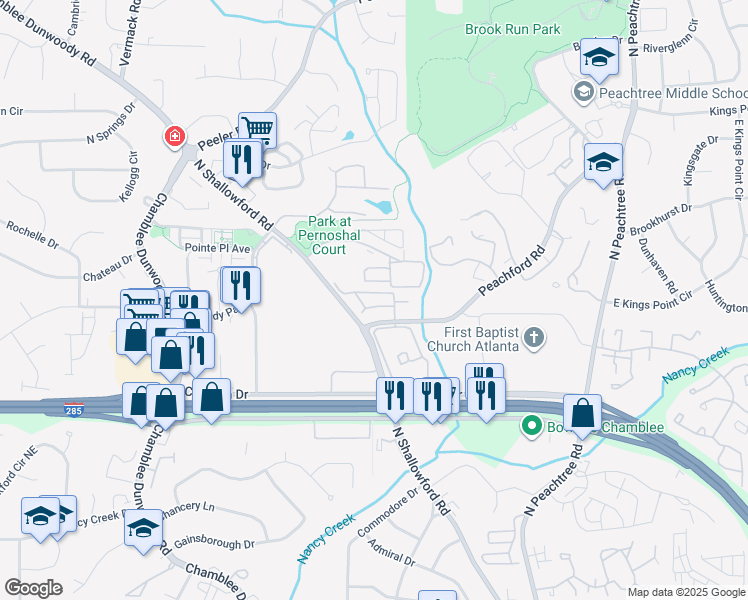 map of restaurants, bars, coffee shops, grocery stores, and more near 5309 Charleston Place in Dunwoody