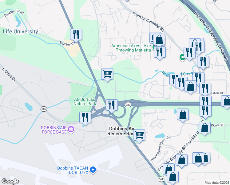 map of restaurants, bars, coffee shops, grocery stores, and more near 170 Ashborough Road Southeast in Marietta