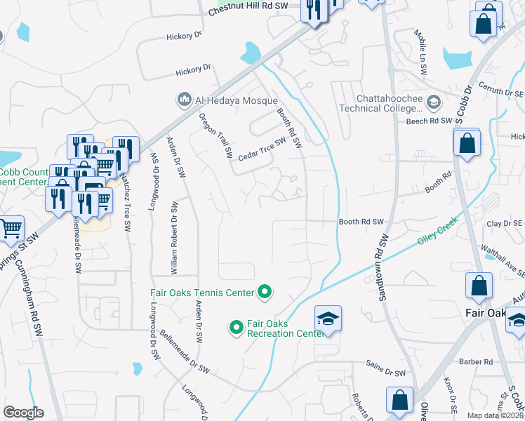map of restaurants, bars, coffee shops, grocery stores, and more near 1166 Booth Road Southwest in Marietta