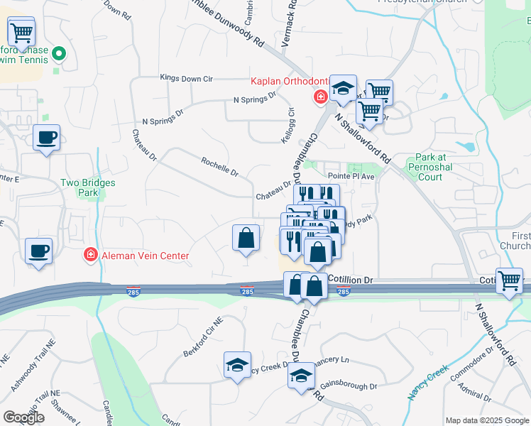 map of restaurants, bars, coffee shops, grocery stores, and more near 1702-1718 Old Spring House Lane in Dunwoody
