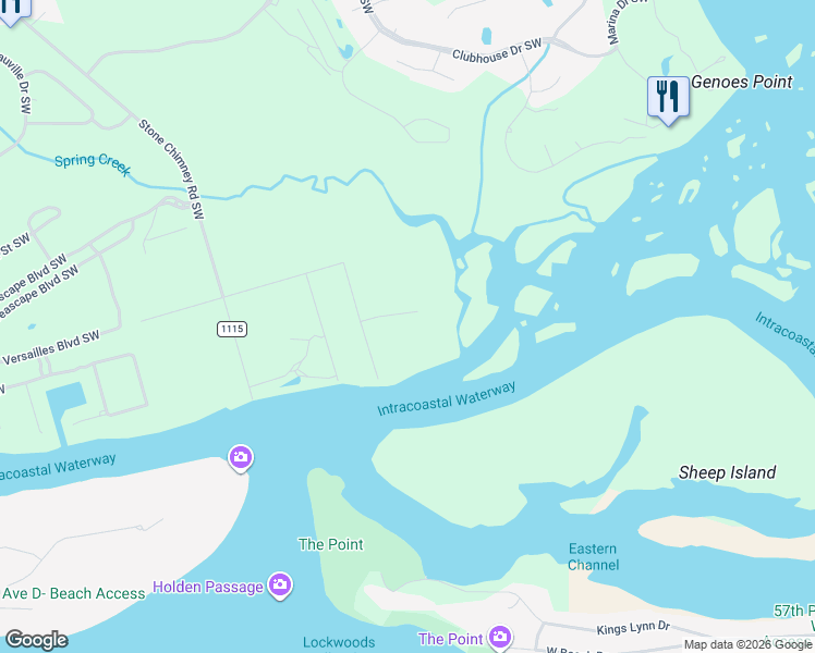 map of restaurants, bars, coffee shops, grocery stores, and more near 289 Spring Branch Rd SW in Brunswick