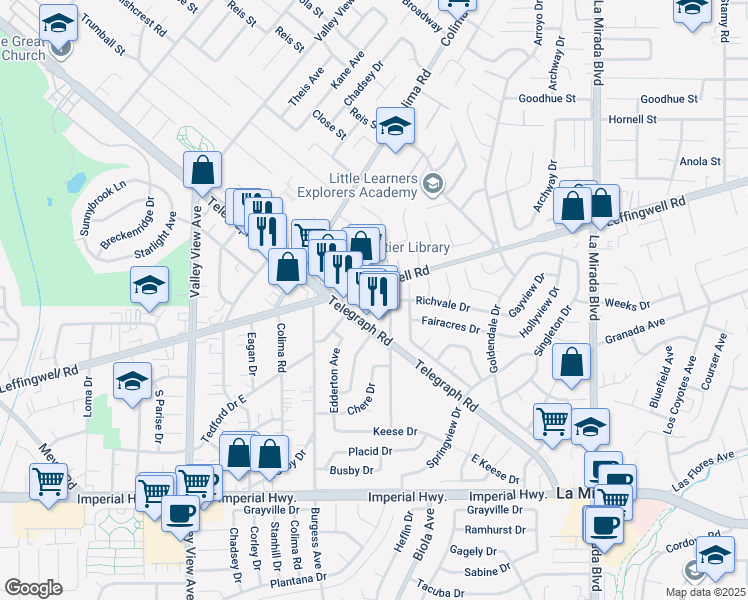 map of restaurants, bars, coffee shops, grocery stores, and more near 14540 Leffingwell Road in La Mirada