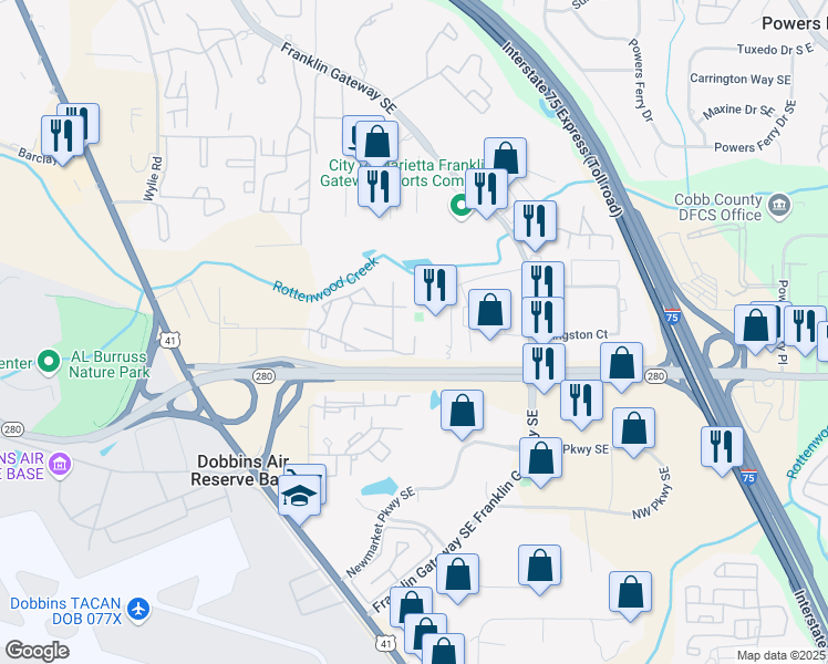 map of restaurants, bars, coffee shops, grocery stores, and more near 1808 Ashborough Way Southeast in Marietta