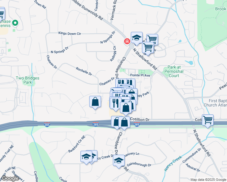 map of restaurants, bars, coffee shops, grocery stores, and more near 1770 Old Spring House Lane in Dunwoody