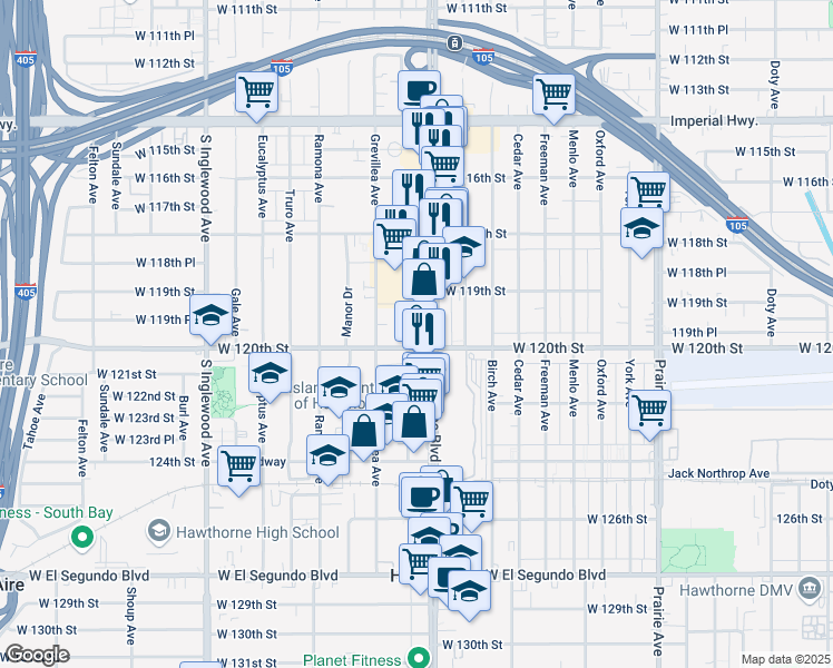 map of restaurants, bars, coffee shops, grocery stores, and more near 11983 Hawthorne Boulevard in Hawthorne